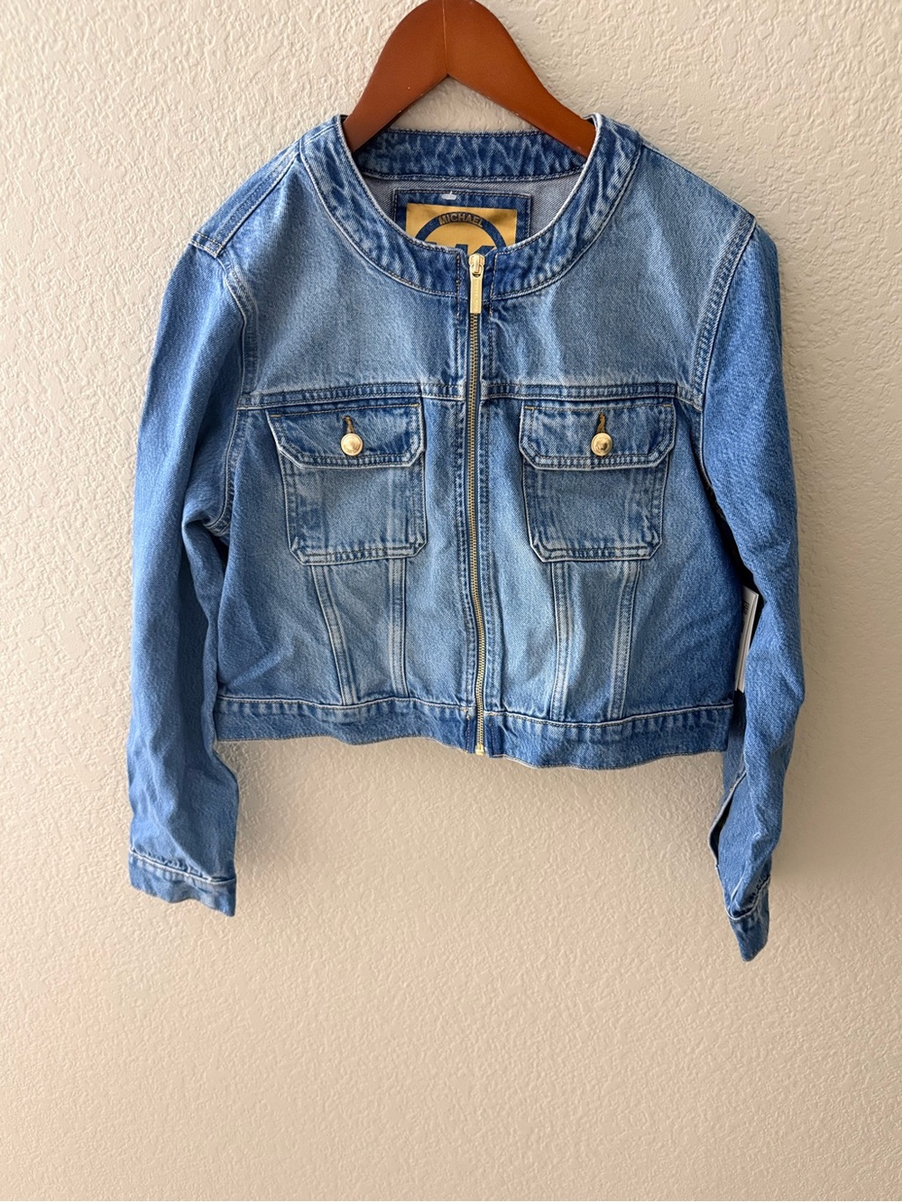 NWT MICHAEL Michael Kors Cropped Denim Jacket Gold Zip Size L